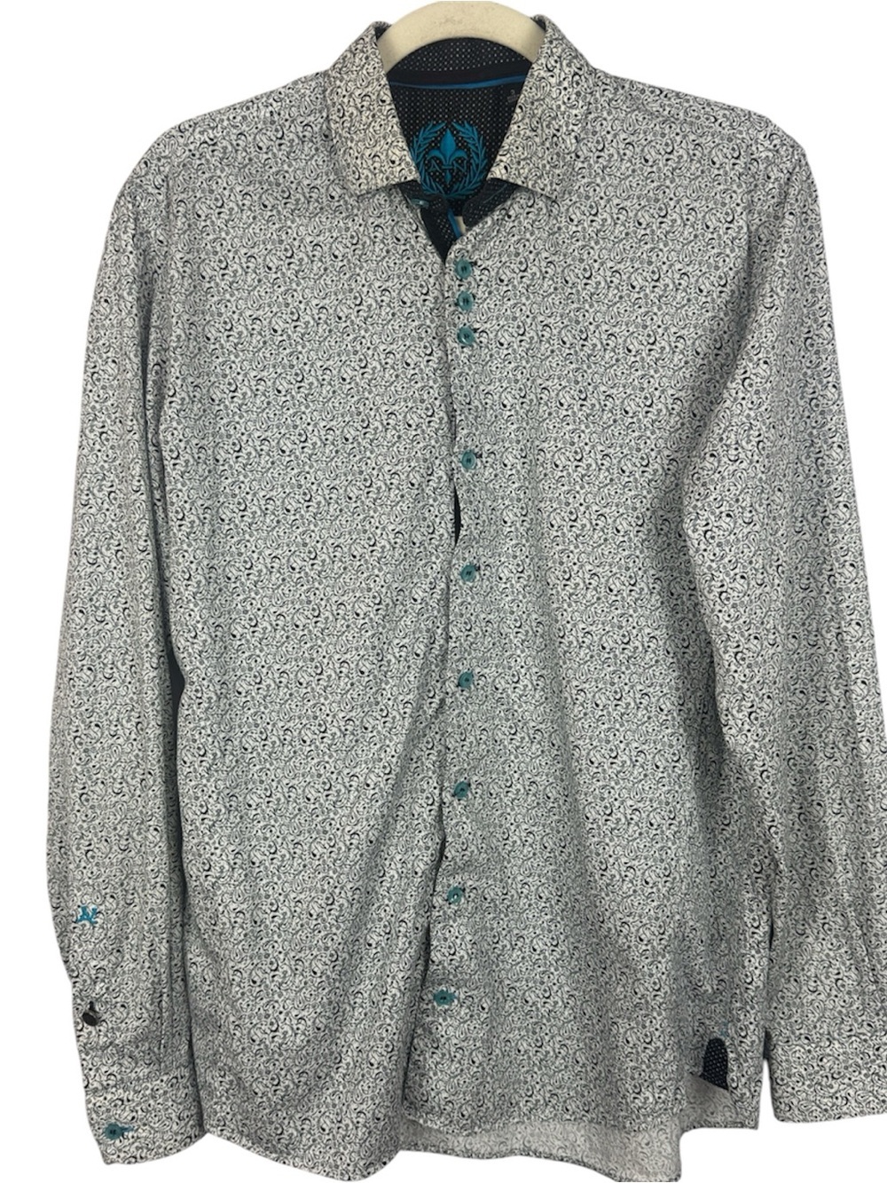 Au Noir Men’s Paisley Print Button Down Shirt Size 3 (L) Black White Turquoise